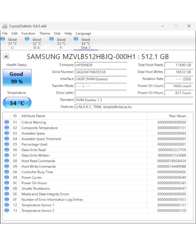 SSD Solid State Drive M.2 PCIe 3.0 x4 NVMe 512GB - Samsung PM981a